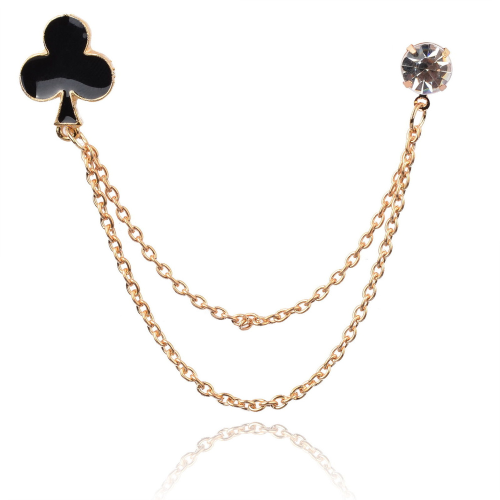 Brooch / Lapel Pin & Chain ~ Playing Clubs ~ Crystal ~ Black ~ Gold